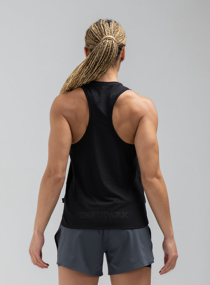 Jade Is 5ft 8" And Wears Size: S | Hem Studio Image Of Model Wearing Force Drirelease® Tank Vest In Obsidian Black (SS Model)