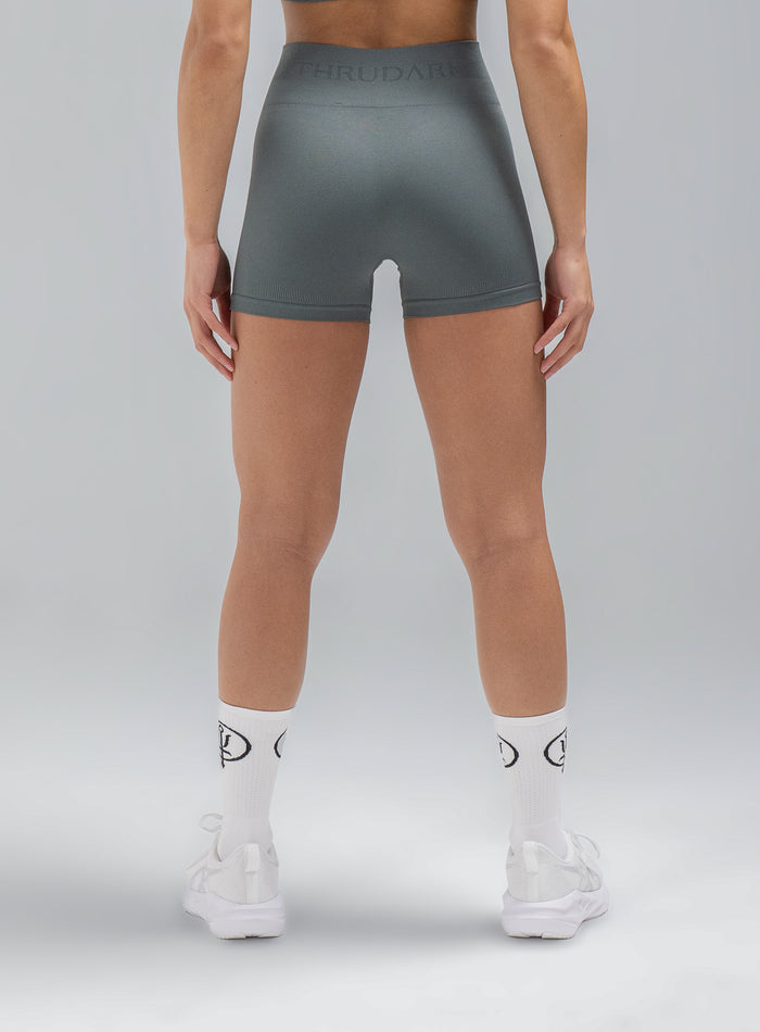 Jade Is Wearing Seamless And Is 5ft 8" And Wears Size: S/M | Hem Studio Image Of Model Wearing Force Seamless Shorts In Urban Green (SS Model)