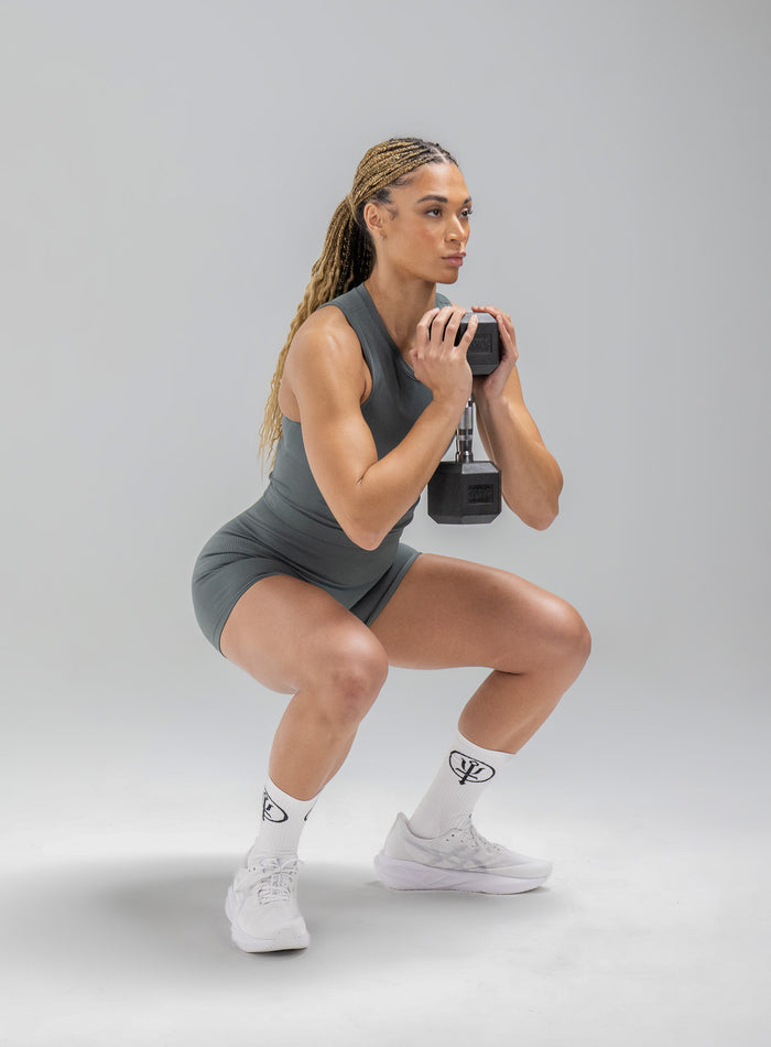 Jade Is Wearing Seamless And Is 5ft 8" And Wears Size: S/M | Hem Studio Image Of Model Wearing Force Seamless Shorts In Urban Green (SS Model)