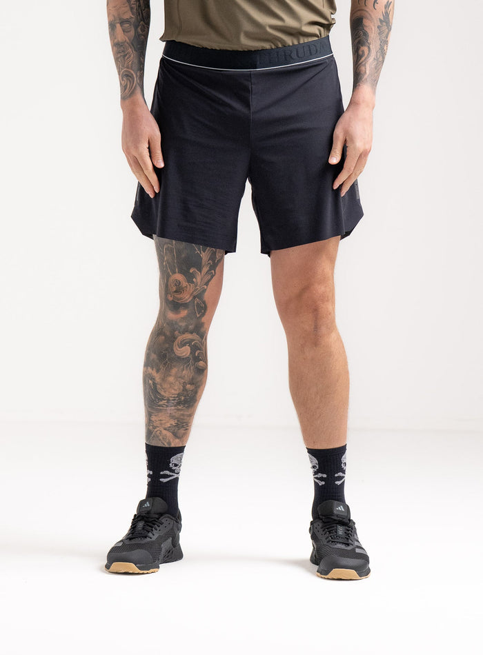 Angus Is 6ft 4" And Wears Size: L | Hem Studio Image Of Model Wearing Force Velocity 2-In-1 Short G2 In Black (SS Model)