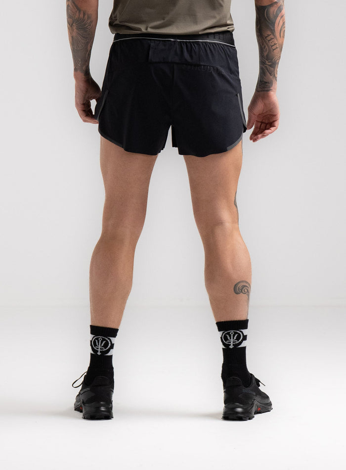 Angus Is 6ft 4" And Wears Size: L | Hem Studio Image Of Model Wearing Force Velocity Split Short In Obsidian Black (SS Model)