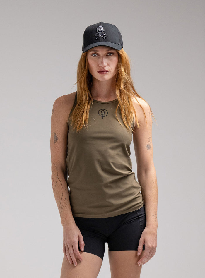 Miki Is 5ft 8" And Wears Size: S | Hem Studio Image Of Model Wearing Force Velocity Vest Womens In Khaki (SS Model)