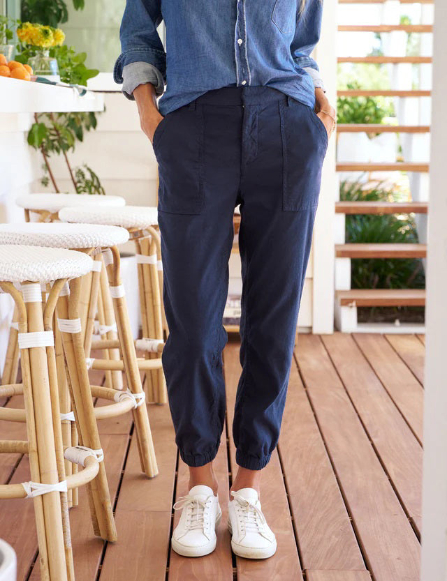 FRANK & EILEEN Jameson Utility Jogger in Performance Linen Navy, featuring a high-rise fit, elastic waistband and cuffs, utility pockets, belt loops, and visible stitching details, shown laid flat on a white background.