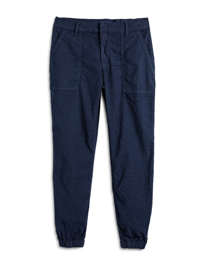 FRANK & EILEEN Jameson Utility Jogger in Performance Linen Navy, featuring a high-rise fit, elastic waistband and cuffs, utility pockets, belt loops, and visible stitching details, shown laid flat on a white background.