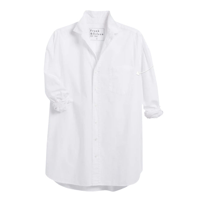 The FRANK AND EILEEN - SHIRLEY OVERSIZED BUTTON UP SHIRT features rolled long sleeves, a classic collar, a chest pocket, and an oversized fit. Made from 100% cotton poplin in classic white, the label inside is partially visible, making it ideal for casual wear.
