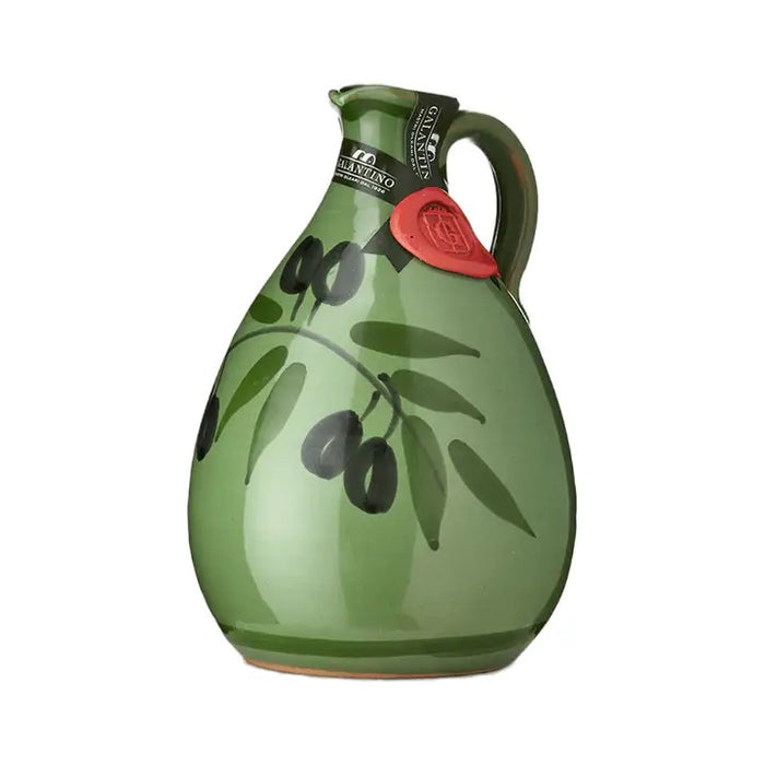 The GALANTINO - TONY EXTRA VIRGIN OLIVE OIL by ZIA PIA IMPORTS comes in a green ceramic jug with a handle, black olive and leaf designs, a red wax seal, and black neck label—ideal for displaying premium Italian oil on a white background.