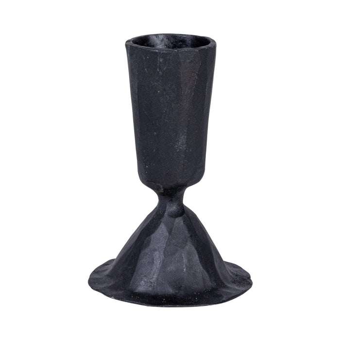 The CREATIVE COOP HAND-FORGED CAST IRON TAPER HOLDER in black features a hammered texture, wide flared base, and slender cylindrical top—ideal for industrial decor and shown upright against a plain white background.
