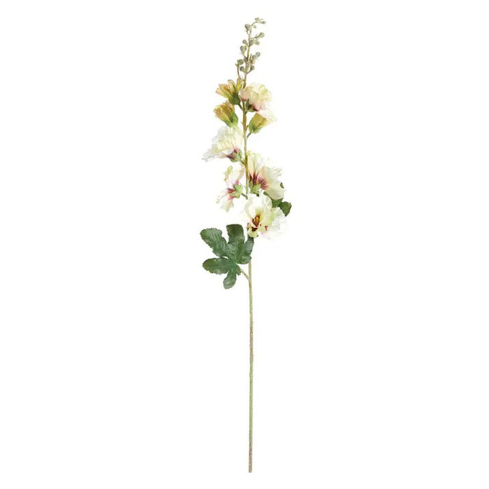 The HOLLYHOCK STEM by NAPA HOME AND GARDEN features realistic faux green leaves and multiple pale pink and white flowers, designed as a single stem and isolated on a white background.