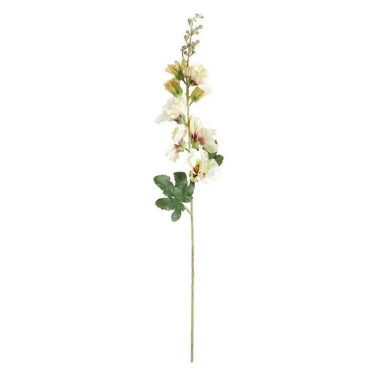 The HOLLYHOCK STEM by NAPA HOME AND GARDEN features realistic faux green leaves and multiple pale pink and white flowers, designed as a single stem and isolated on a white background.