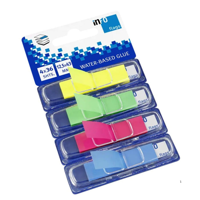 inFO Notes PET Flags 12.5 x 43 mm (½") in Dispenser – Solid Colours Yellow/Green/Pink/Blue (36 Sheets) - Office R Us Lagos