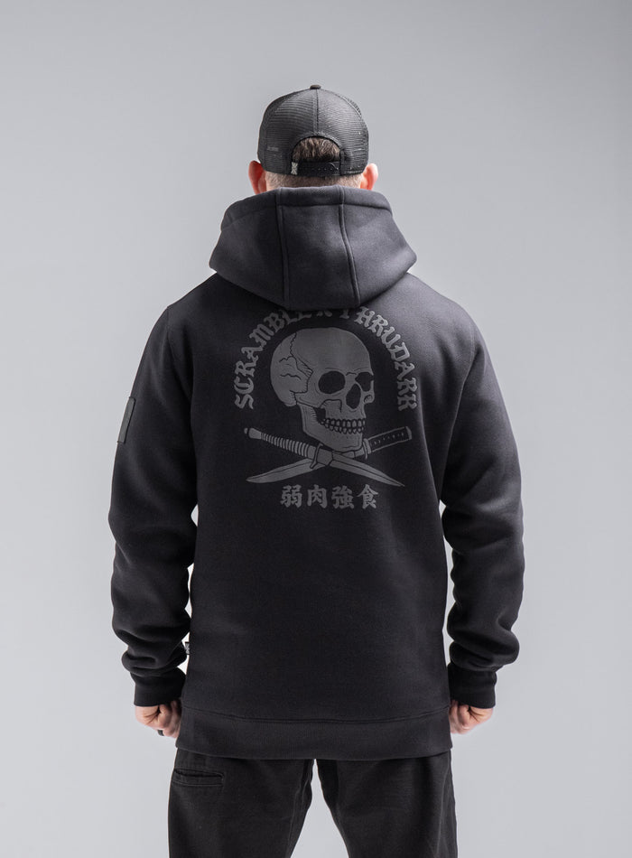 Staz Is 5ft 8" And Wears Size: S | Hem Studio Image Of Model Wearing Insignia Hoody - Thrudark X Scramble In Obsidian Black (SS Model)