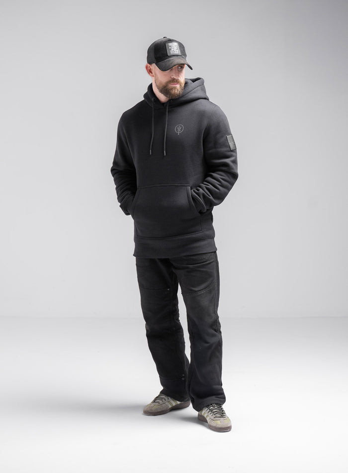 Staz Is 5ft 8" And Wears Size: S | Hem Studio Image Of Model Wearing Insignia Hoody - Thrudark X Scramble In Obsidian Black (SS Model)