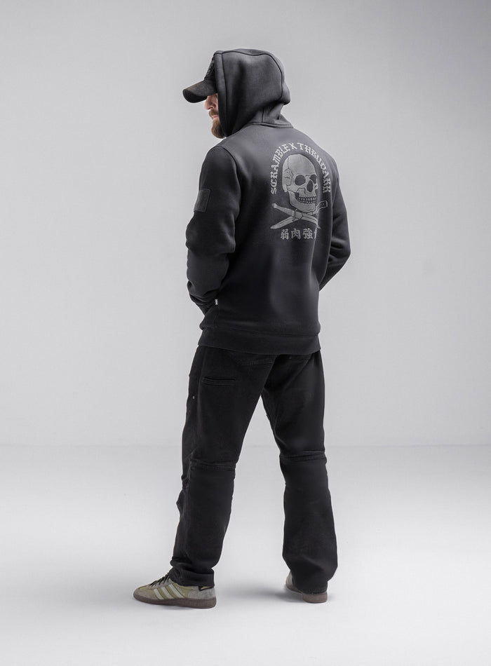 Staz Is 5ft 8" And Wears Size: S | Hem Studio Image Of Model Wearing Insignia Hoody - Thrudark X Scramble In Obsidian Black (SS Model)