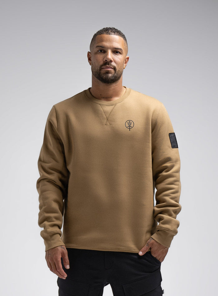 Dj Is 6ft 4" And Wears Size: Xl | Hem Studio Image Of Model Wearing Insignia Jumper In Sand (SS Model)