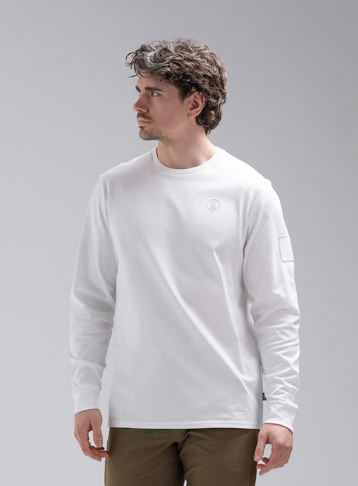 Jack Is 6ft 3" And Wears Size: L | Hem Studio Image Of Model Wearing Insignia Long Sleeve T-Shirt In Optic White (SS Model)