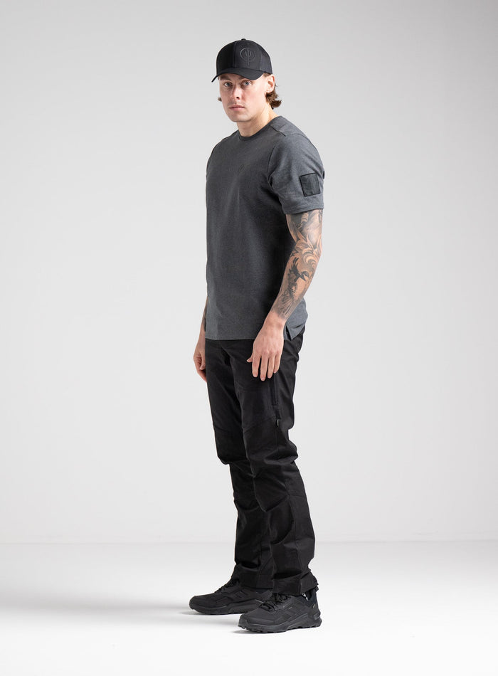Angus Is 6ft 4" And Wears Size: L | Hem Studio Image Of Model Wearing Insignia T-Shirt - Inception Camo In Charcoal Grey (SS Model)