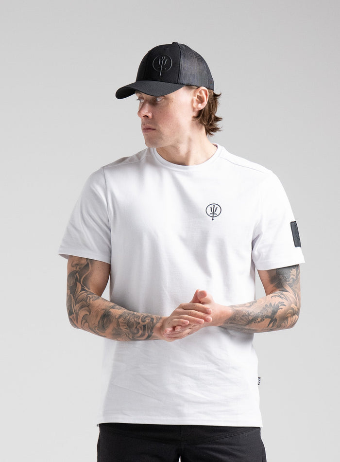 Angus Is 6ft 4" And Wears Size: L | Hem Studio Image Of Model Wearing Insignia T-Shirt - Inception Camo In Optic White (SS Model)