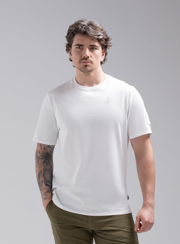Jack Is 6ft 3" And Wears Size: L | Hem Studio Image Of Model Wearing Insignia Short Sleeve T-Shirt In Optic White (SS Model)