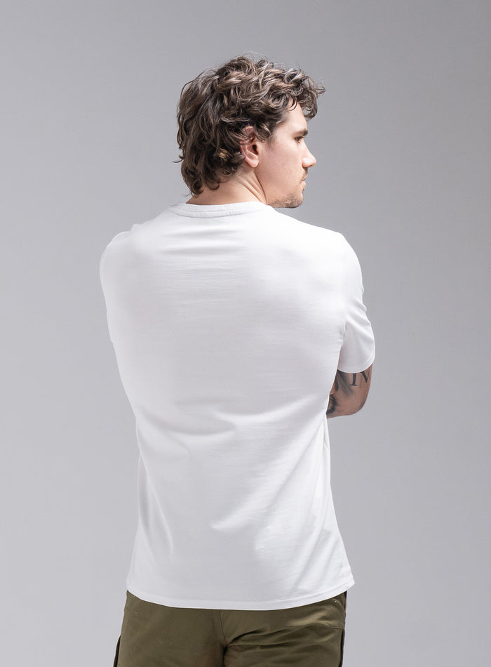 Jack Is 6ft 3" And Wears Size: L | Hem Studio Image Of Model Wearing Insignia Short Sleeve T-Shirt In Optic White (SS Model)