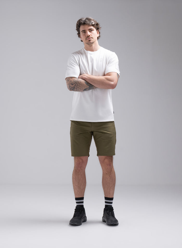 Jack Is 6ft 3" And Wears Size: L | Hem Studio Image Of Model Wearing Insignia Short Sleeve T-Shirt In Optic White (SS Model)