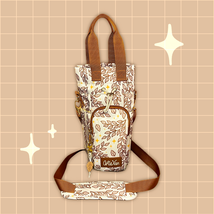 Ivory Leafy Water Bottle Bag with Fidget Zipper Pull
