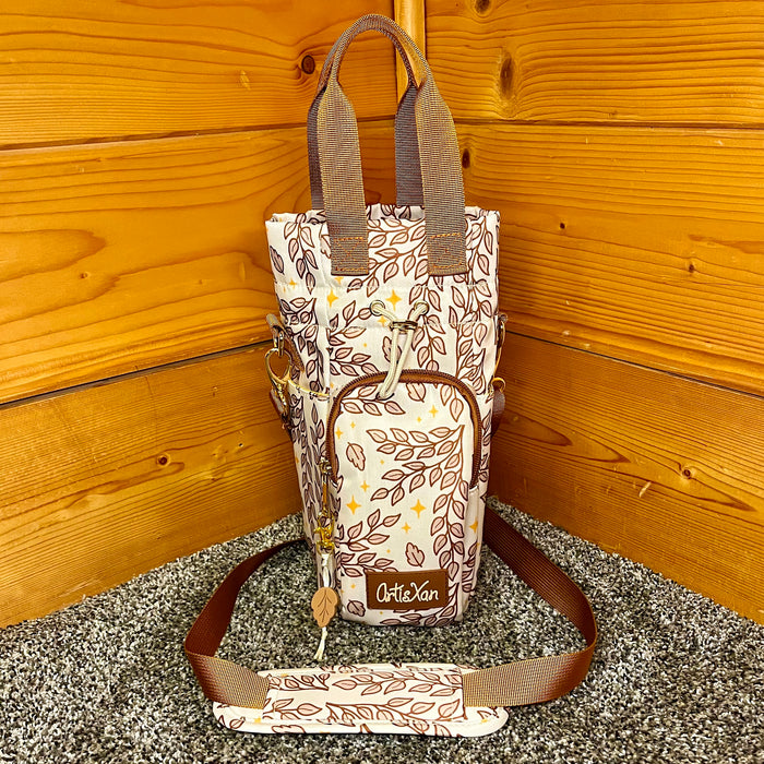 Ivory Leafy Water Bottle Bag with Fidget Zipper Pull