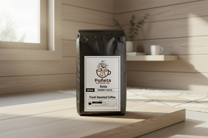 Puneta Coffee Co. coffee bag on a wooden surface with a minimal background