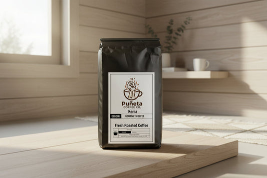 Puneta Coffee Co. coffee bag on a wooden surface with a minimal background