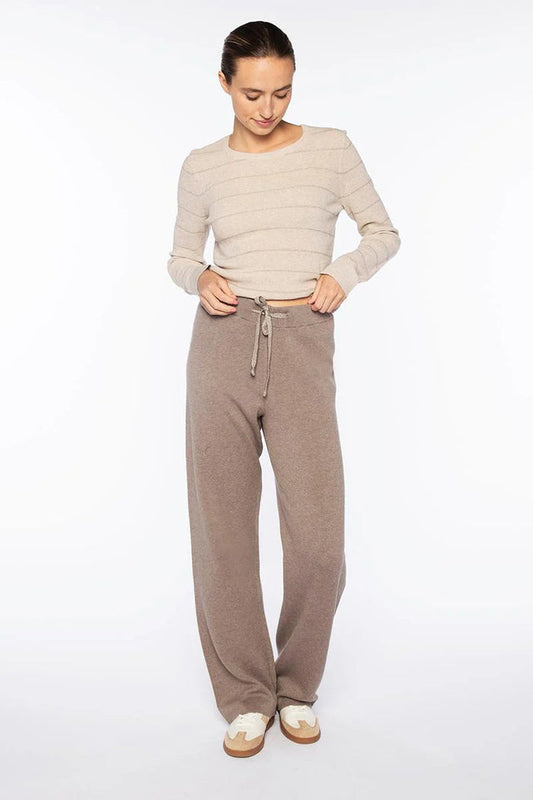 The KINROSS CASHMERE Doubleknit Lurex Drawstring Pant in black features a straight-leg silhouette and luxe cashmere blend for comfortable loungewear, shown on a plain white background.