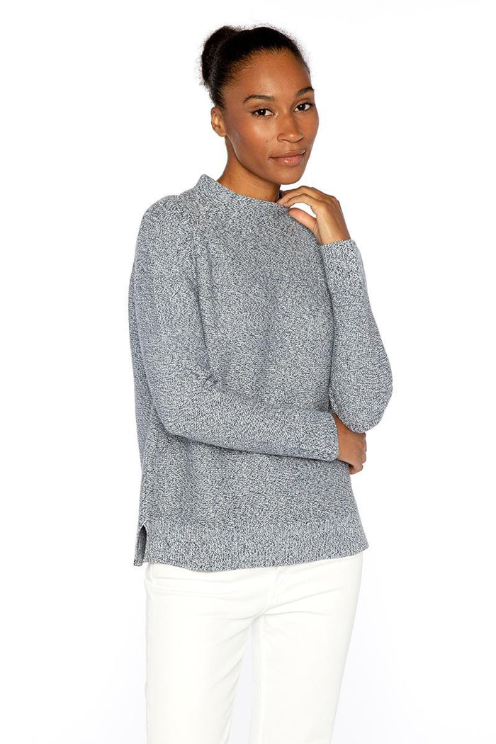 The KINROSS MARLED GARTER FUNNEL COTTON SWEATER in coral features long sleeves, a cotton funnel neck, and ribbed cuffs and hem, shown on a plain white background.