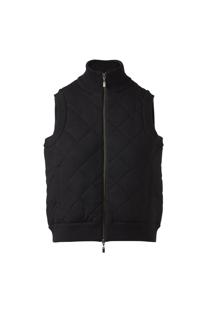 The KINROSS CASHMERE - QUILTED VEST IN BLACK is a luxury sleeveless vest with a front zipper, ribbed collar, armholes, and hem, shown against a white background.