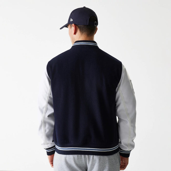 The Male model is wearing LA Dodgers MLB Wordmark Navy Varsity Jacket 2