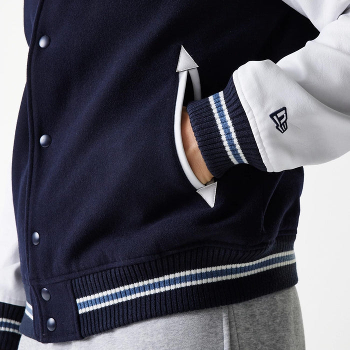 The Male model is wearing LA Dodgers MLB Wordmark Navy Varsity Jacket 5