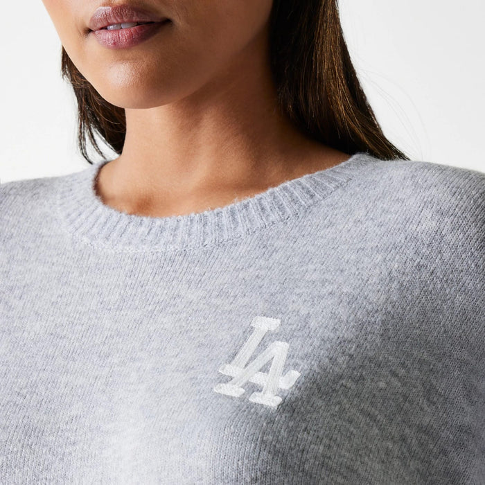 The Female model is wearing LA Dodgers Womens MLB Knit Grey Crew Neck Sweater 3