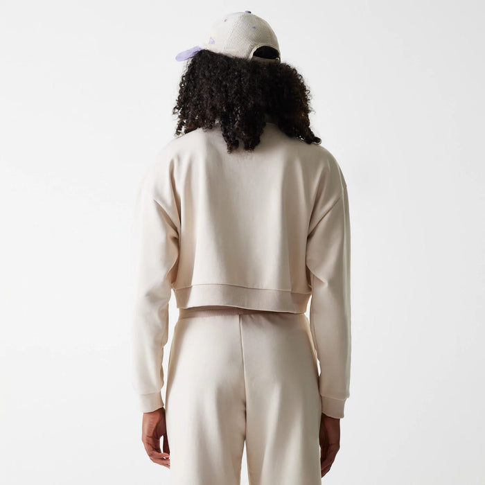 The Female model is wearing LA Dodgers Womens MLB Tonal Light Beige Cropped 1/4 Zip Sweater 2