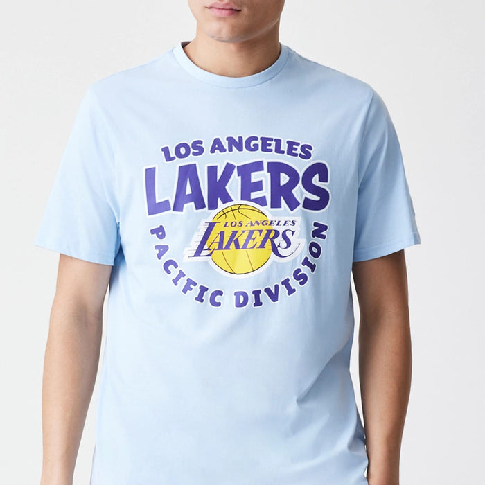 The Male model is wearing LA Lakers NBA Bubble Wordmark Pastel Blue T-Shirt 3