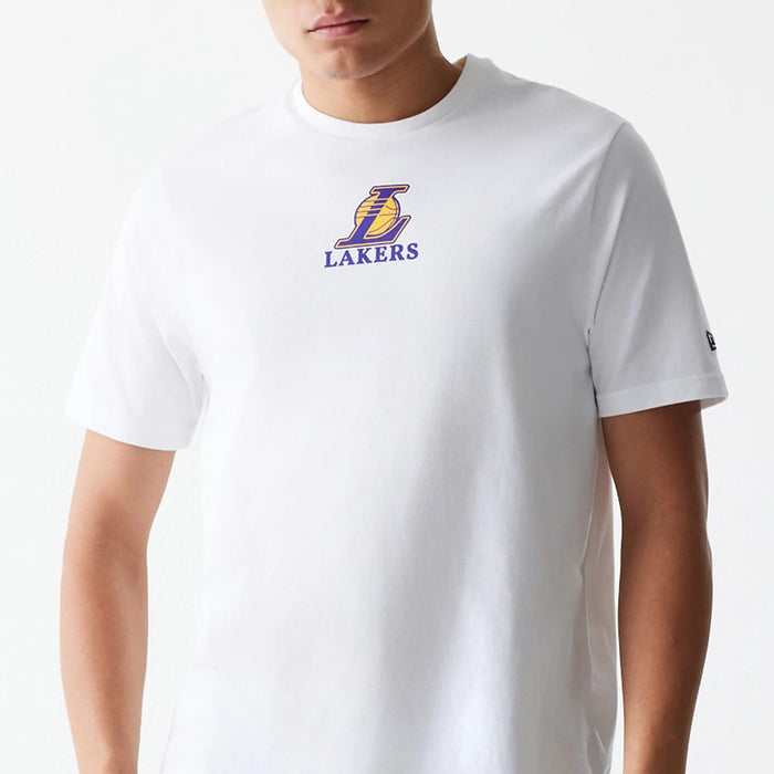 The Male model is wearing LA Lakers NBA Logo White T-Shirt 6