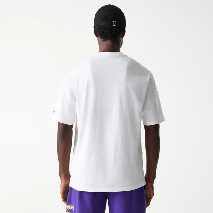 The Male model is wearing LA Lakers NBA Team Graphic White Oversized T-Shirt 2