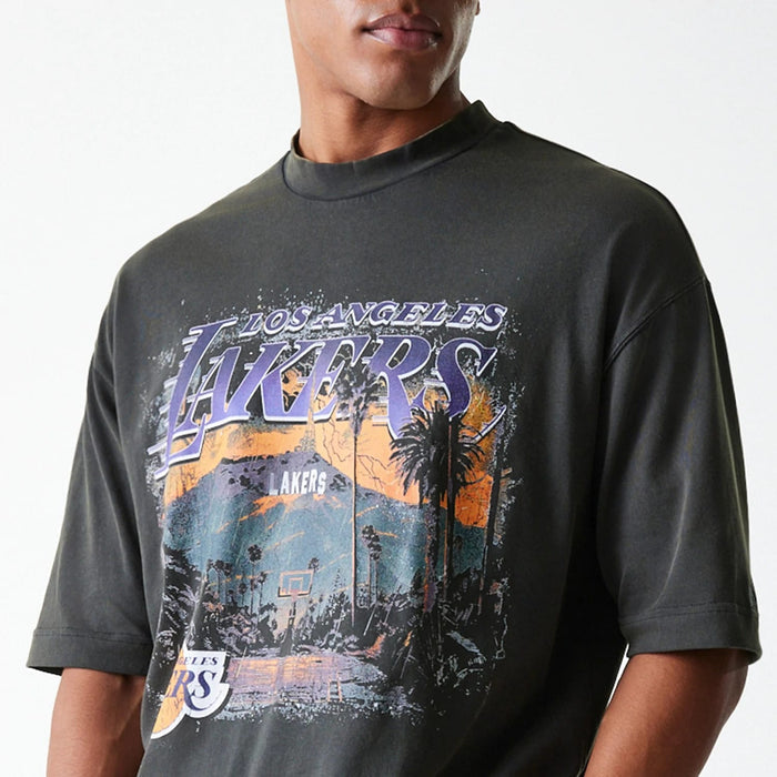 The Male model is wearing LA Lakers NBA Washed Graphic Grey T-Shirt 5