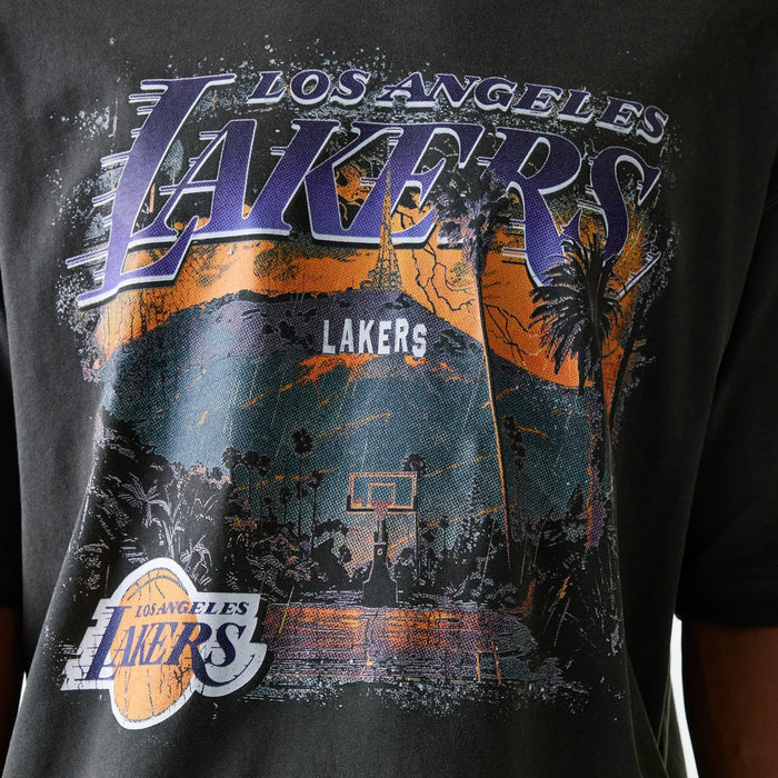 The Male model is wearing LA Lakers NBA Washed Graphic Grey T-Shirt 6