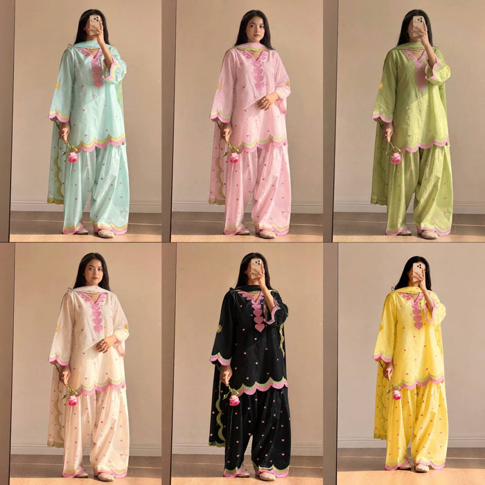 Lvory Pink Heart Work Suit with Dupatta Set