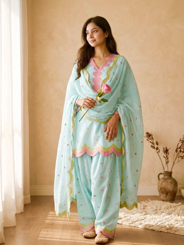 Lvory Pink Heart Work Suit with Dupatta Set
