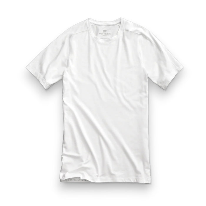 The MACK WELDON 18 Hour Jersey Crewneck Undershirt in Bright White is a slim-fit, short-sleeve tee crafted from soft jersey, shown laid flat on a white background.