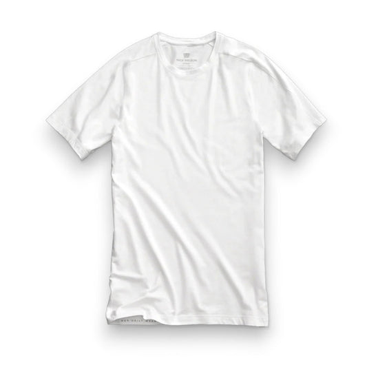 The MACK WELDON 18 Hour Jersey Crewneck Undershirt in Bright White is a slim-fit, short-sleeve tee crafted from soft jersey, shown laid flat on a white background.