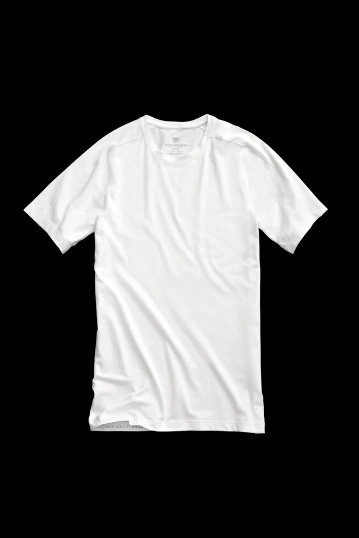 The MACK WELDON 18 Hour Jersey Crewneck Undershirt in Bright White is a slim-fit, short-sleeve tee crafted from soft jersey, shown laid flat on a white background.