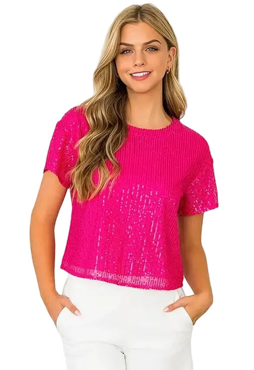 Magenta Sequin Short Sleeve Tee