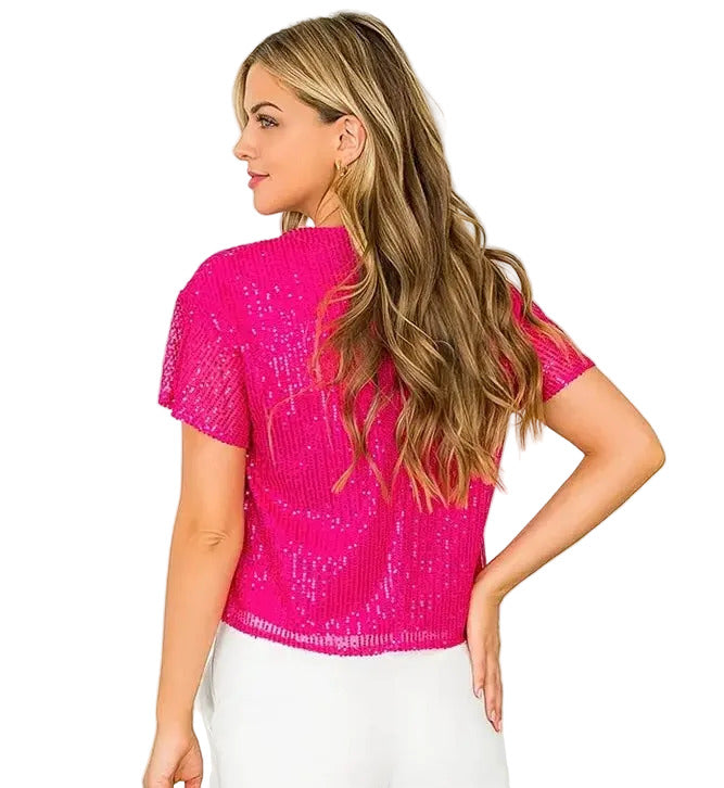 Magenta Sequin Short Sleeve Tee