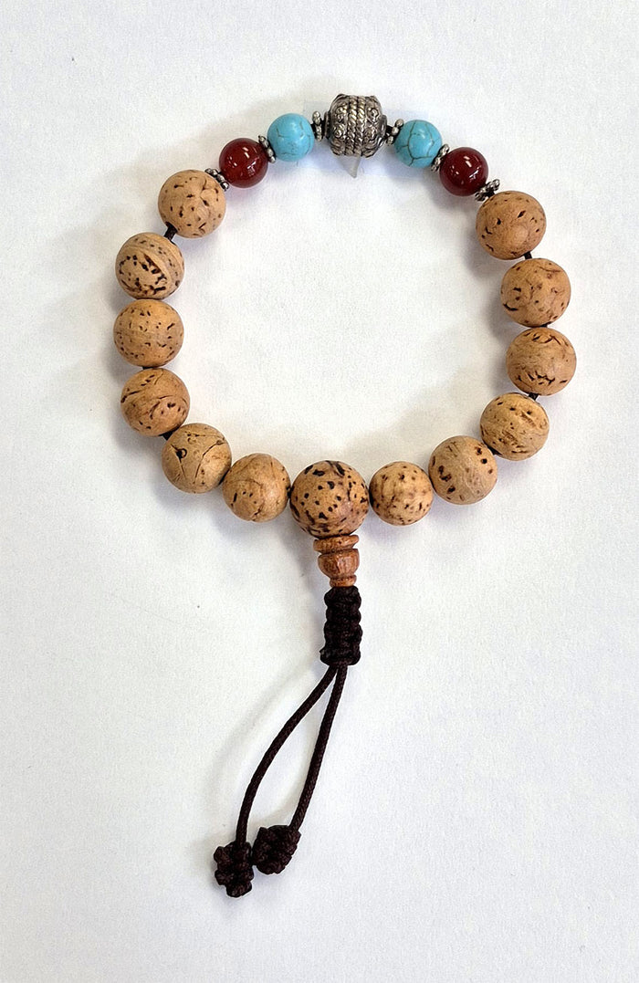 Mala Bracelet - Bodhi Seed with Carnelian, Turquoise and Small Metal Bead