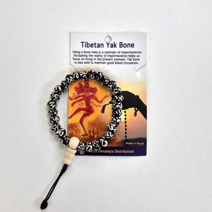 Mala Bracelet - Tibetan Yak Bone Dark with Mantra and White Guru Bead