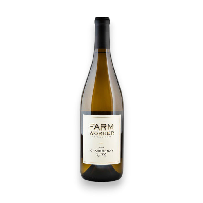 A bottle of Maldonado 'Farmworker' Chardonnay 2019 from Wine: Ocean South Imports, aged in French oak barrels. The label is white with black text and features a black foil neck, against a plain white background.